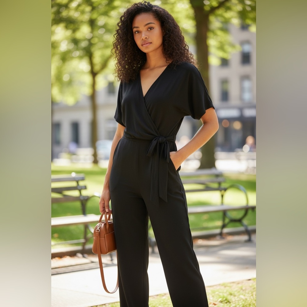 NWT Massimo Dutti Black Short Sleeve Wrap Front Loose Fit Lightweight Jumpsuit